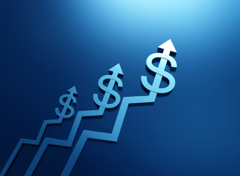 3 blue stock arrows rising and each ends in a dollar sign