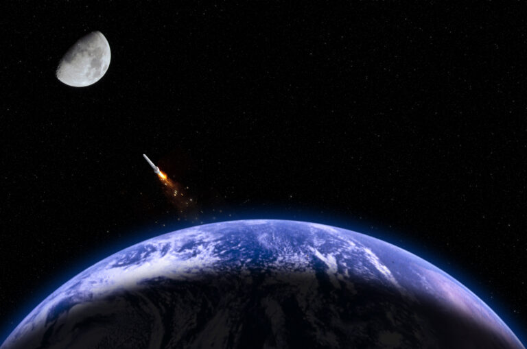 not to scale image of a rocket traveling from earth to the moon